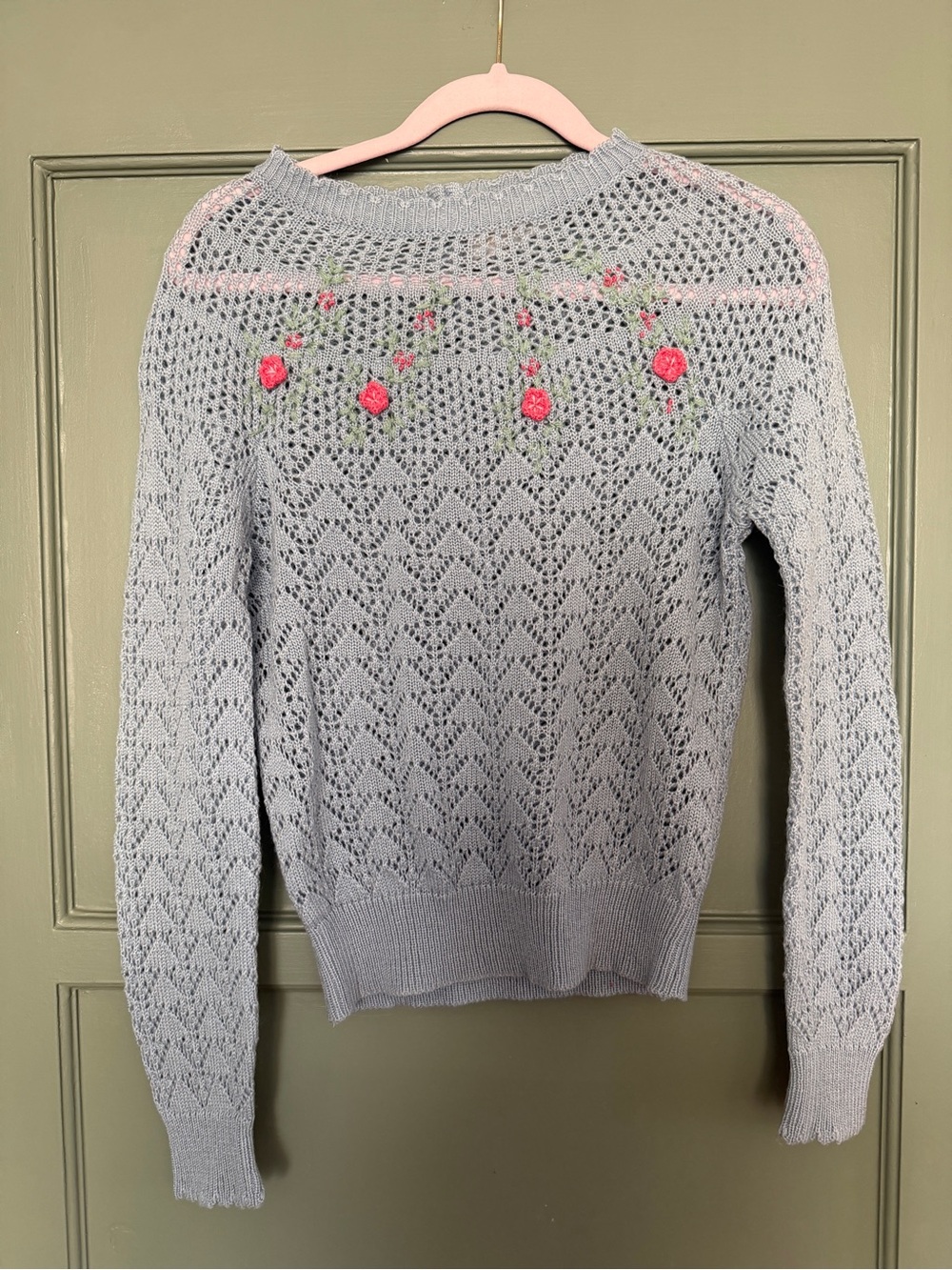 Vintage Light Blue Floral Embroidered Openwork Sweater